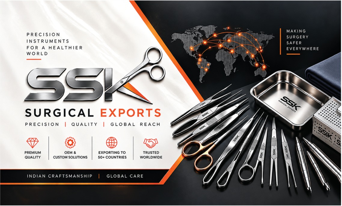 SSK Surgical Exports promotional branding banner with surgical instruments and orange accents